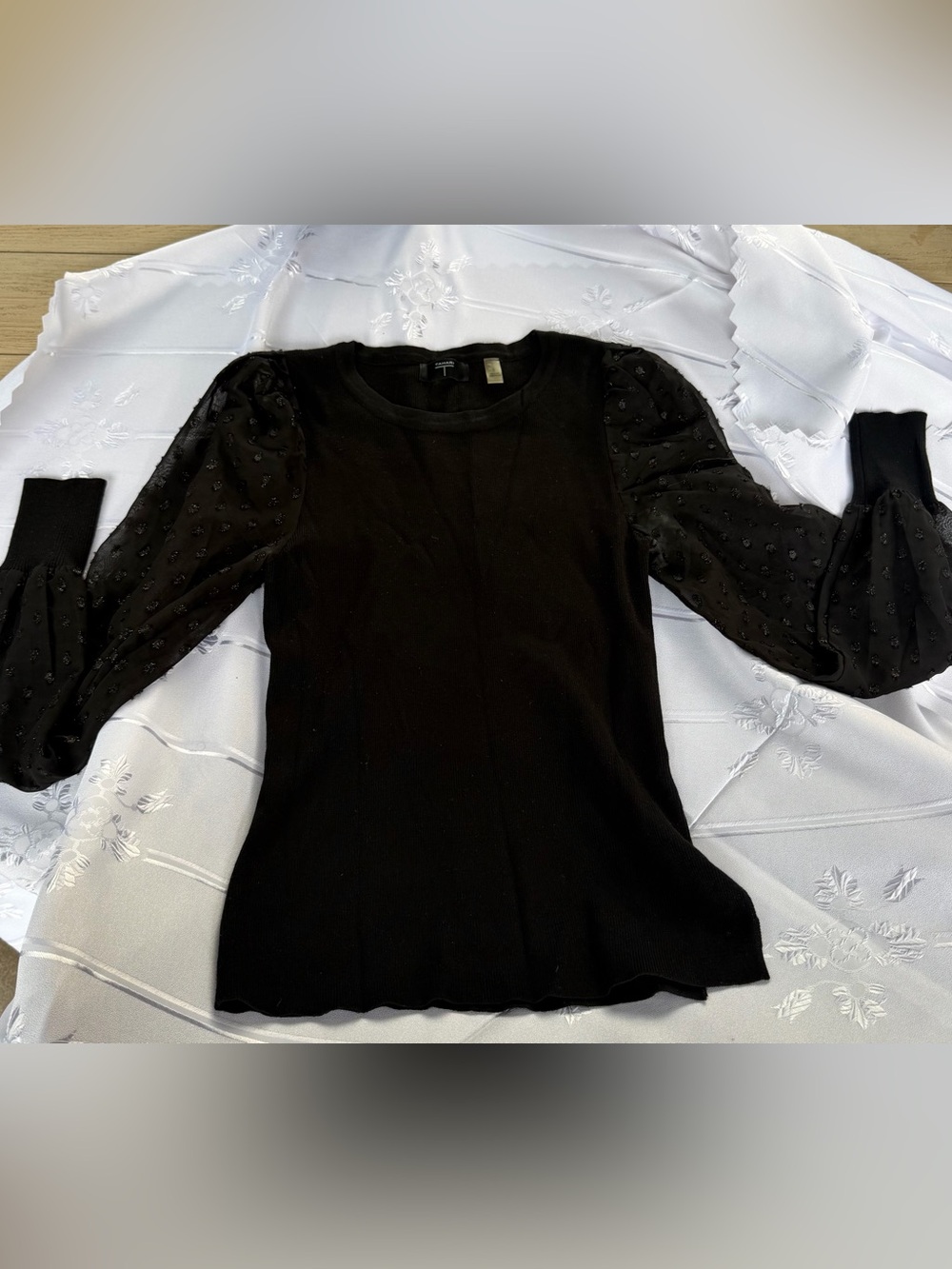 Tahari Black Sheer Swiss Dot Puff-Sleeve Sweater Size Small